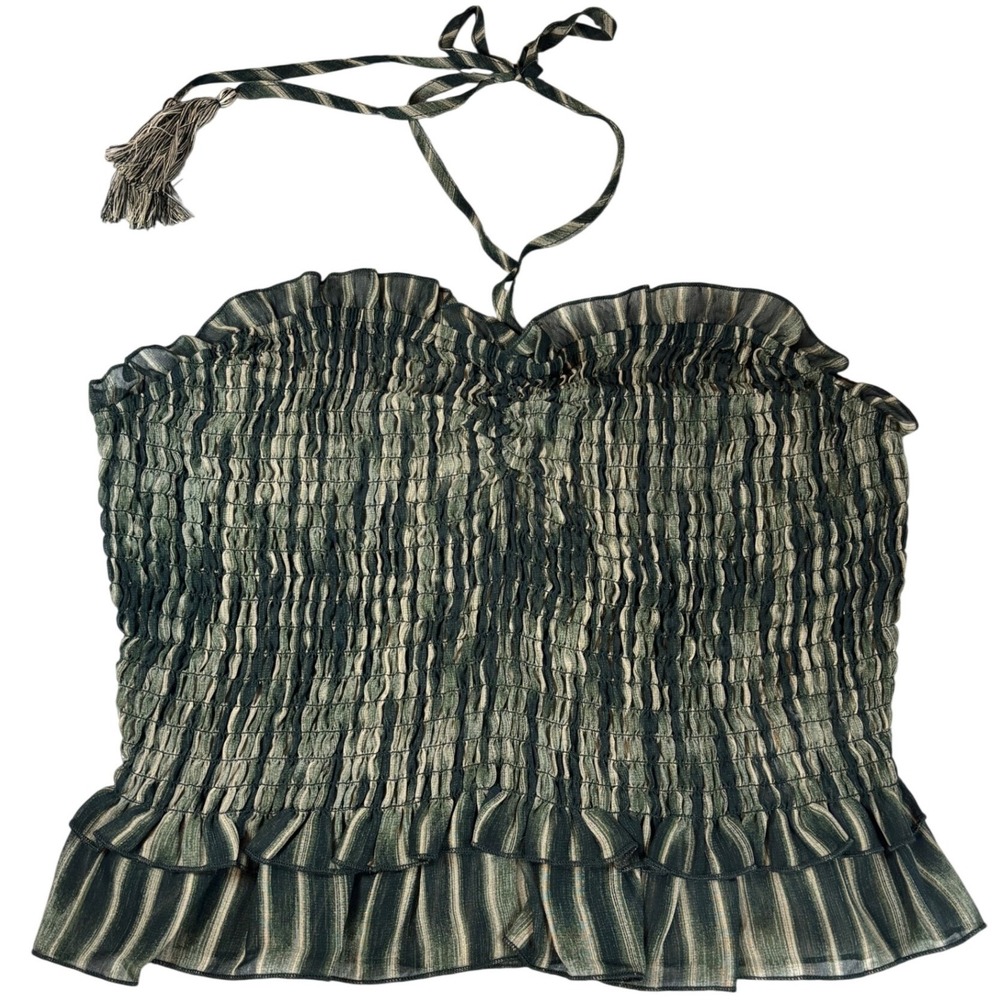 NWT Moon River‎ Anthropologie Smocked Halter Green Striped Tassel Tie Peplum M